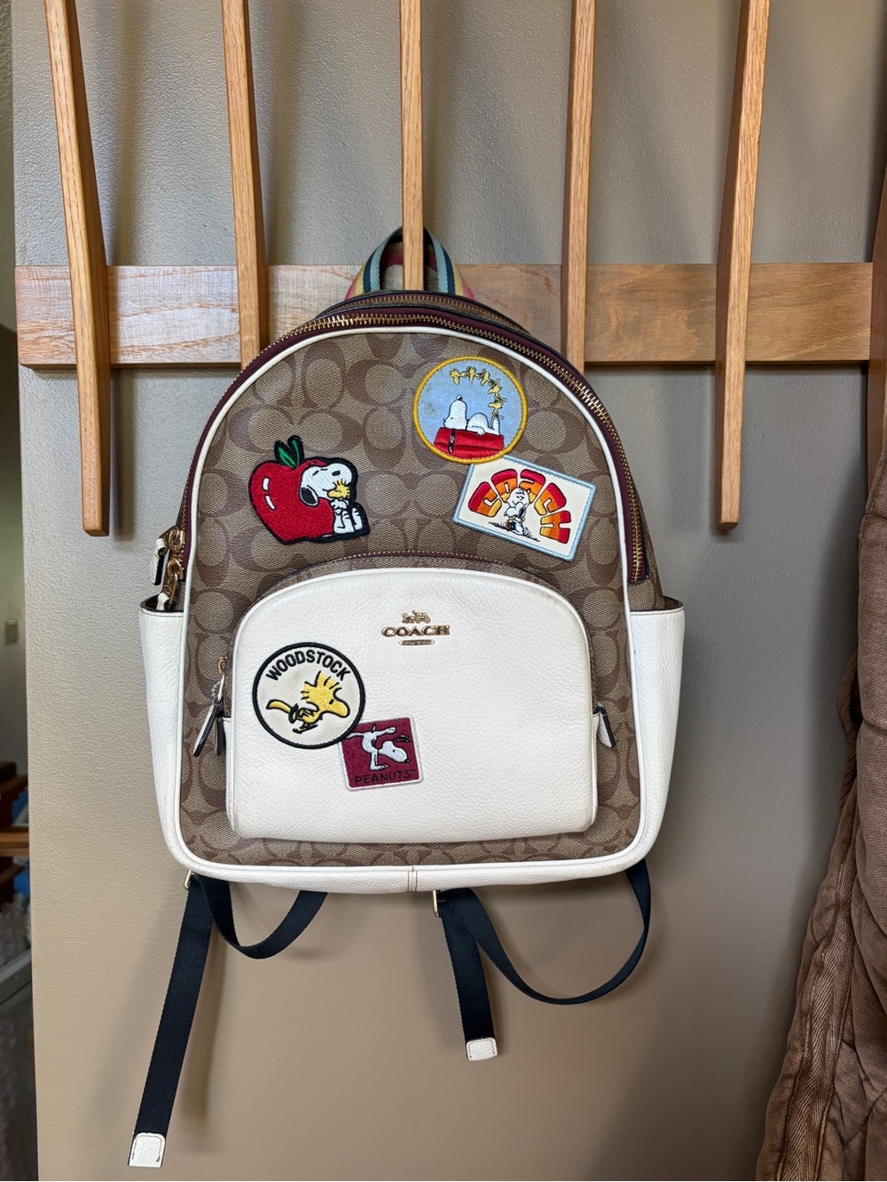 Coach Signature Brown and White Mini Backpack with Peanuts Patch Accents